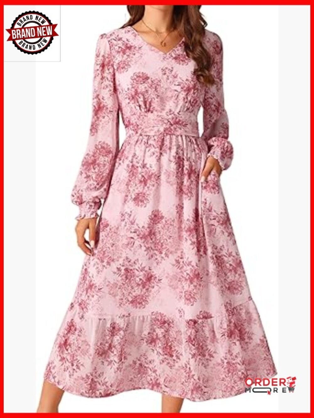 Long Sleeve Floral Midi Dress V-Neck Ruffle Tiered A-Line with Pocket